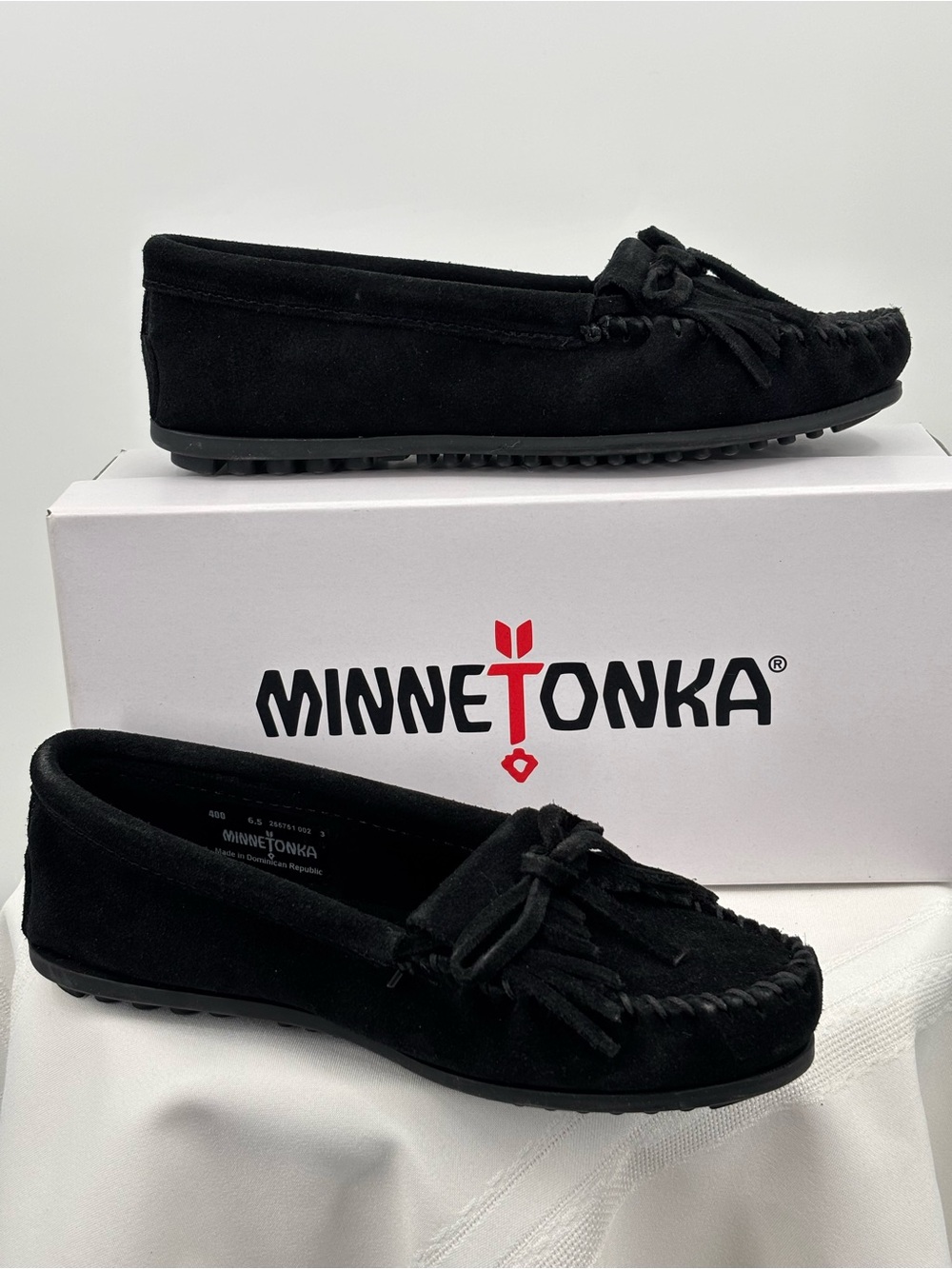 Minnetonka Black Kilty Moccasins, Size 6.5 NWOT